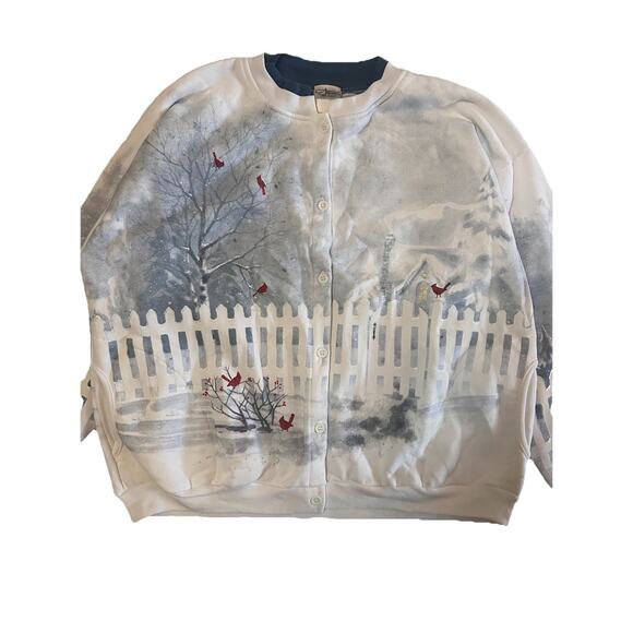 Vintage Button Front Women’s Sweater Outdoor Winter Scene Cardinals Snow NWT XL - Picture 2 of 7